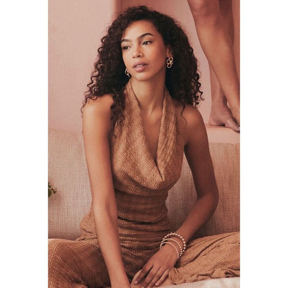 Lulus Cove Light Brown Textured Cowl Halter Top - Size L